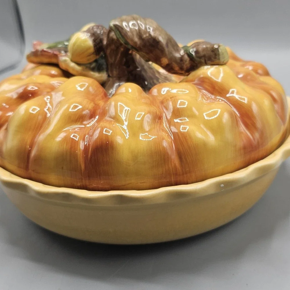 Vintage Cracker Barrel Ceramic Pumpkin Patch Lid Pumpkin Pie Plate Fall Harvest